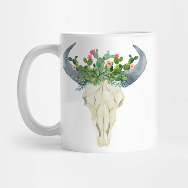 Bull skull with cacti crown - hand painted watercolor by SouthPrints